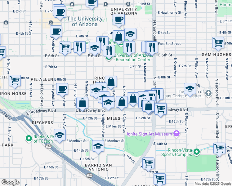map of restaurants, bars, coffee shops, grocery stores, and more near 1521 East 10th Street in Tucson