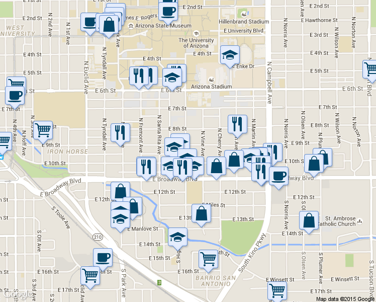 map of restaurants, bars, coffee shops, grocery stores, and more near 1401 East 10th Street in Tucson