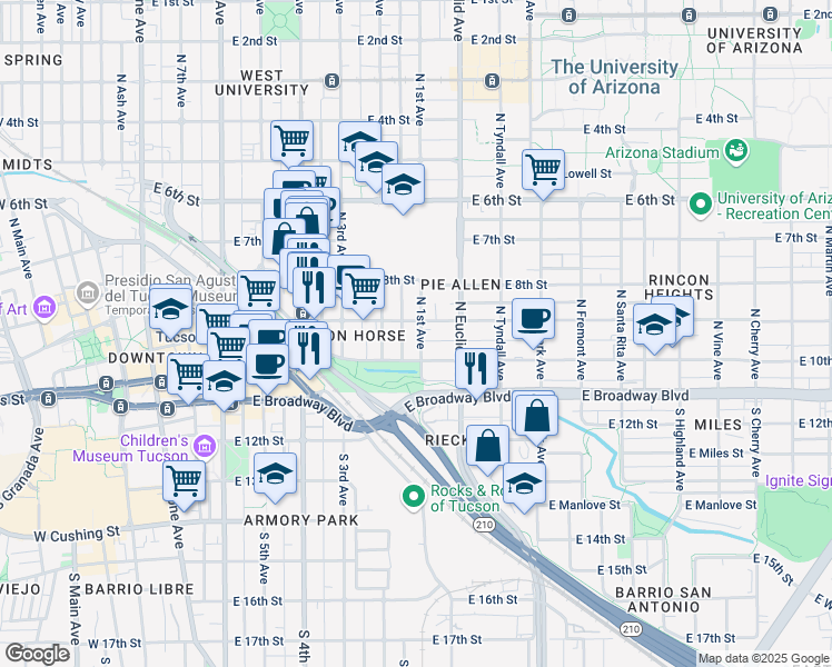 map of restaurants, bars, coffee shops, grocery stores, and more near in Tucson