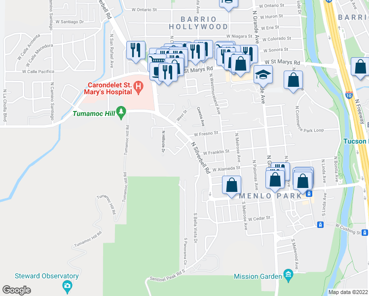 map of restaurants, bars, coffee shops, grocery stores, and more near 211 North Silverbell Road in Tucson