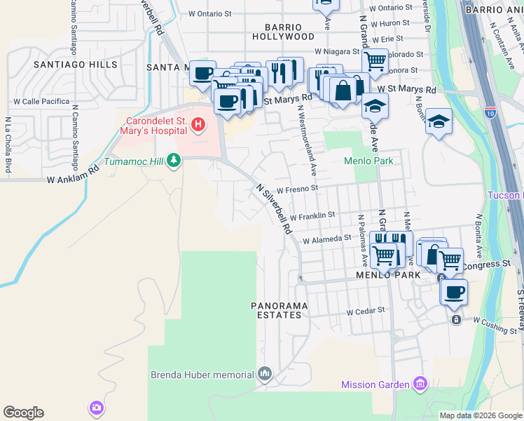map of restaurants, bars, coffee shops, grocery stores, and more near 211 North Silverbell Road in Tucson