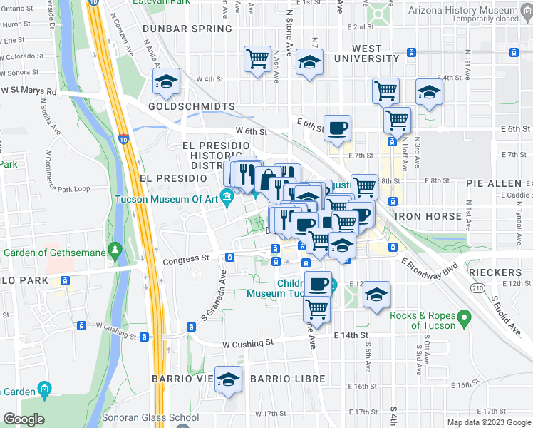 map of restaurants, bars, coffee shops, grocery stores, and more near 115 North Church Avenue in Tucson