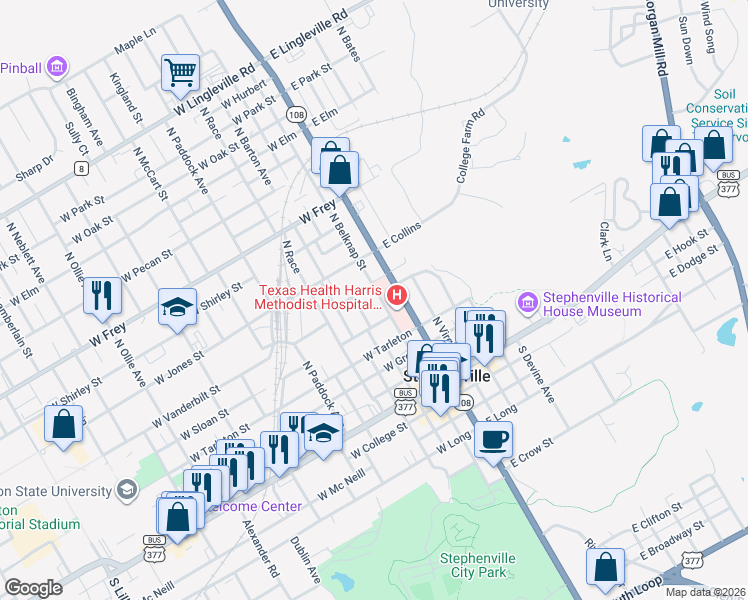 map of restaurants, bars, coffee shops, grocery stores, and more near 584 North Belknap Street in Stephenville
