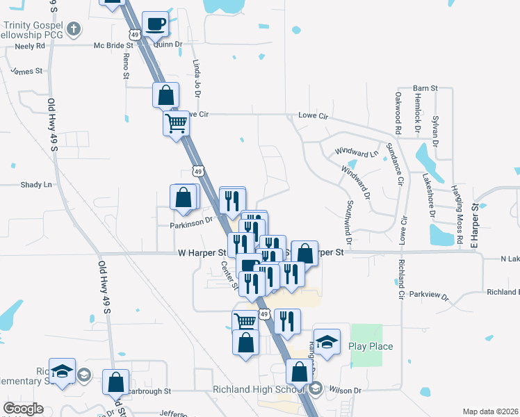 map of restaurants, bars, coffee shops, grocery stores, and more near 140 Parkison Drive in Richland