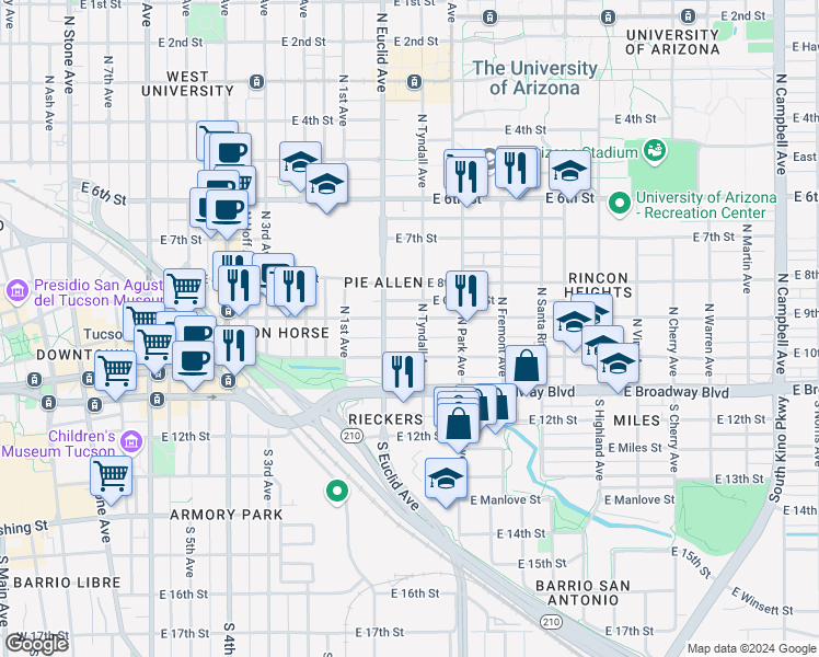 map of restaurants, bars, coffee shops, grocery stores, and more near 121 North Tyndall Avenue in Tucson