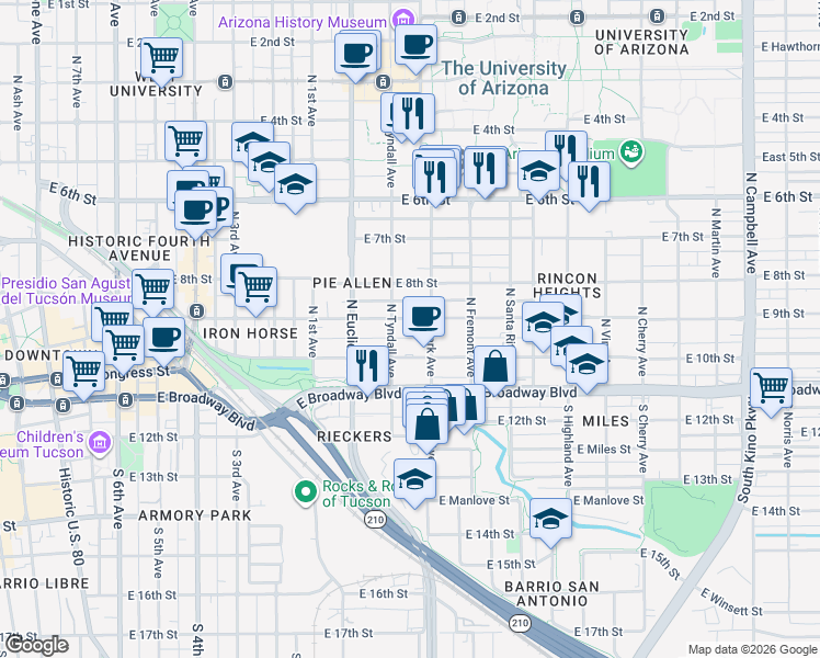 map of restaurants, bars, coffee shops, grocery stores, and more near 111 North Park Avenue in Tucson