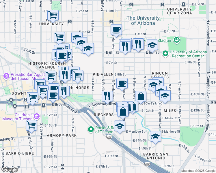 map of restaurants, bars, coffee shops, grocery stores, and more near 121 North Tyndall Avenue in Tucson