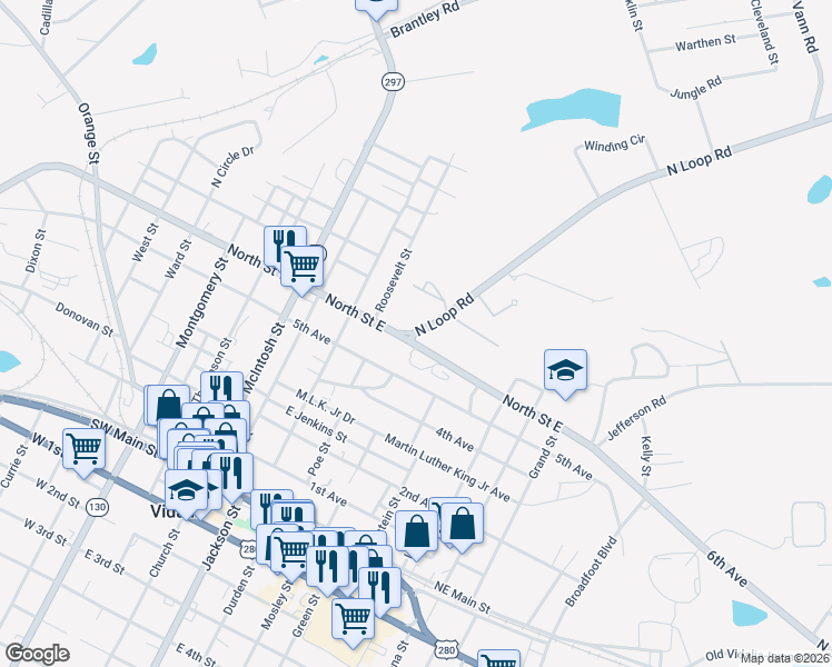map of restaurants, bars, coffee shops, grocery stores, and more near 501 North Saint East in Vidalia