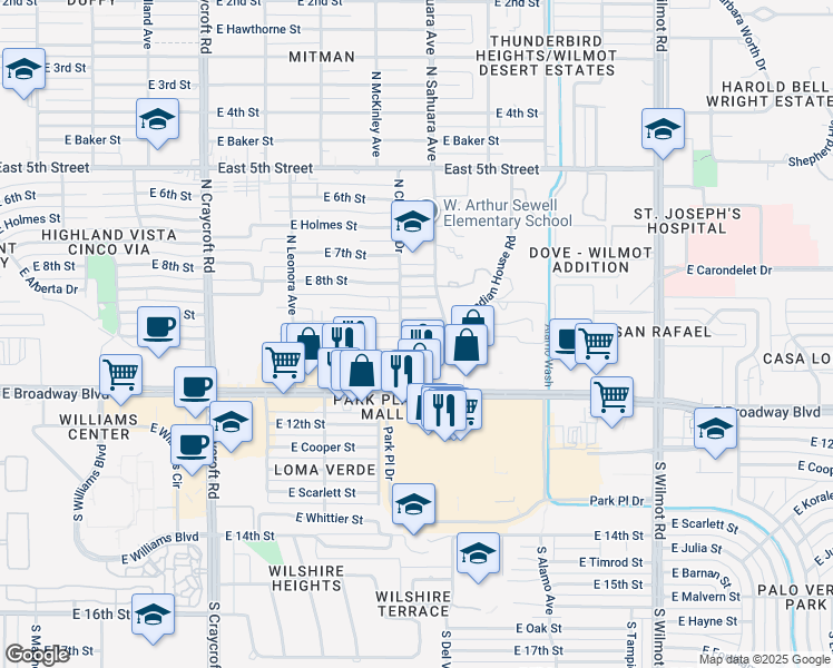 map of restaurants, bars, coffee shops, grocery stores, and more near 5760 East 9th Street in Tucson