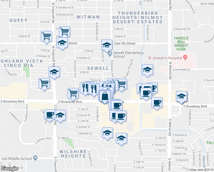 map of restaurants, bars, coffee shops, grocery stores, and more near 5760 East 9th Street in Tucson