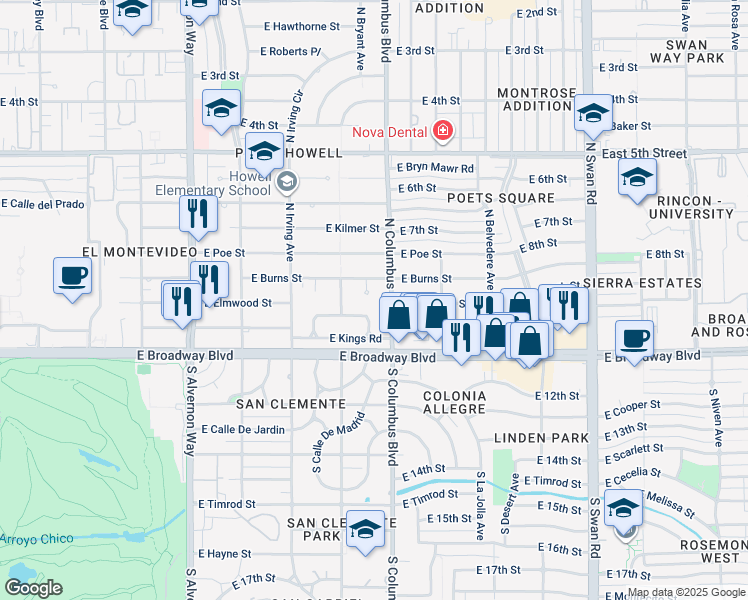 map of restaurants, bars, coffee shops, grocery stores, and more near 37 North Columbus Boulevard in Tucson