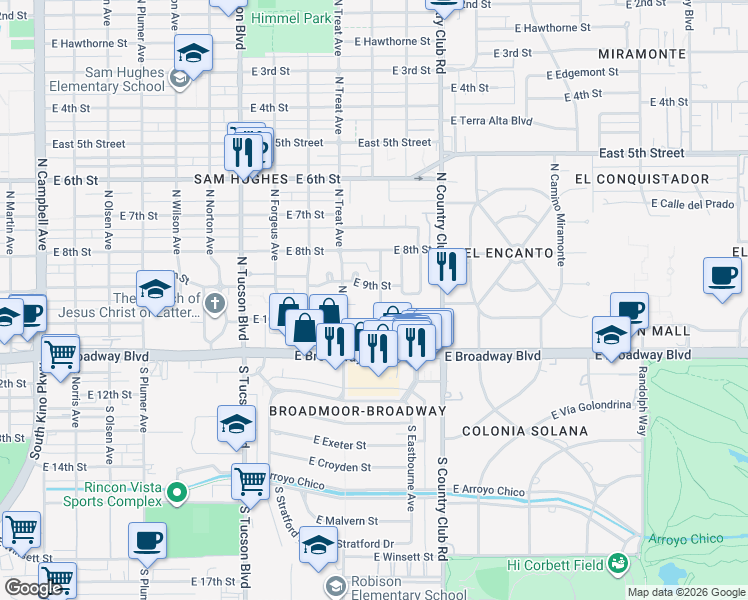 map of restaurants, bars, coffee shops, grocery stores, and more near 2845 East 10th Street in Tucson