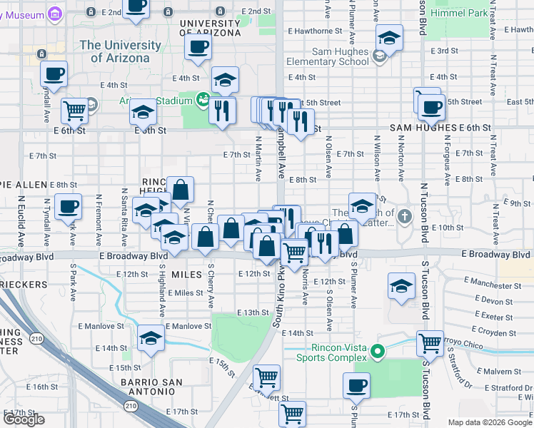 map of restaurants, bars, coffee shops, grocery stores, and more near 1823 East 10th Street in Tucson