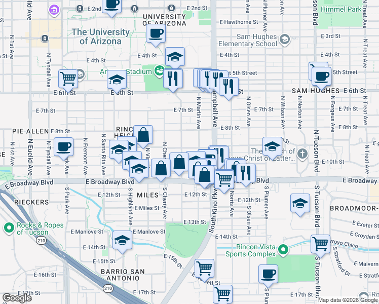 map of restaurants, bars, coffee shops, grocery stores, and more near 124 North Warren Avenue in Tucson