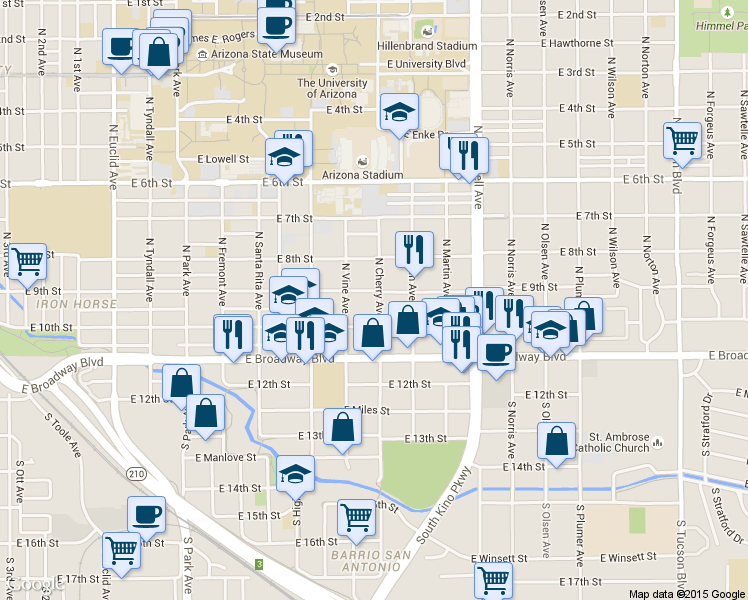map of restaurants, bars, coffee shops, grocery stores, and more near 1521 East 10th Street in Tucson