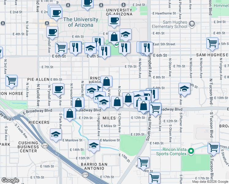 map of restaurants, bars, coffee shops, grocery stores, and more near 1521 East 10th Street in Tucson