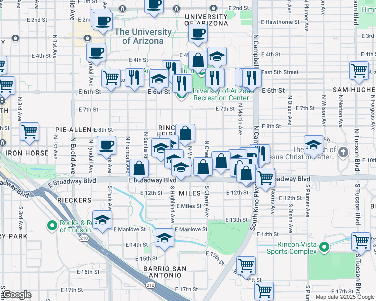 map of restaurants, bars, coffee shops, grocery stores, and more near 1521 East 10th Street in Tucson