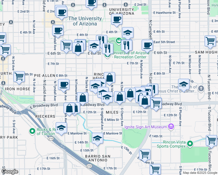 map of restaurants, bars, coffee shops, grocery stores, and more near 1401 East 10th Street in Tucson