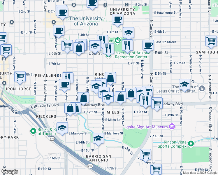 map of restaurants, bars, coffee shops, grocery stores, and more near 1401 East 10th Street in Tucson