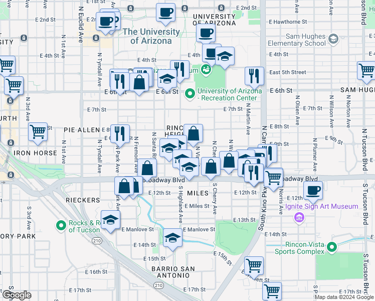 map of restaurants, bars, coffee shops, grocery stores, and more near 1401 East 10th Street in Tucson