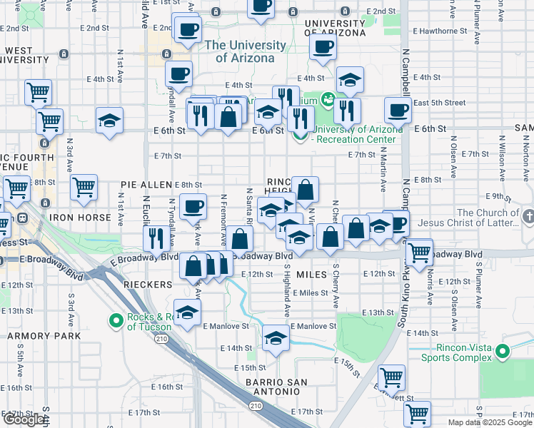 map of restaurants, bars, coffee shops, grocery stores, and more near 116 North Mountain Avenue in Tucson