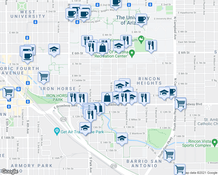 map of restaurants, bars, coffee shops, grocery stores, and more near 1147 East 10th Street in Tucson