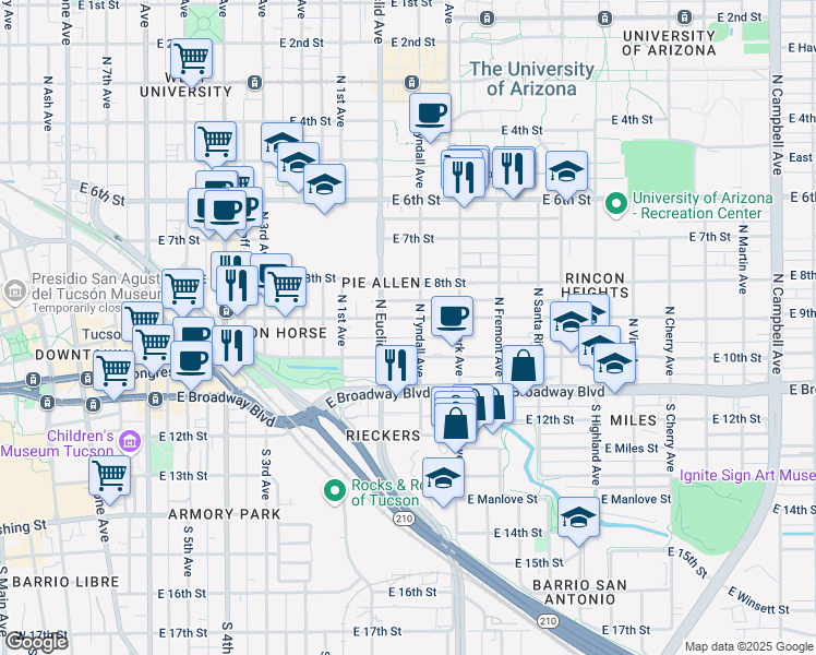 map of restaurants, bars, coffee shops, grocery stores, and more near 121 North Tyndall Avenue in Tucson