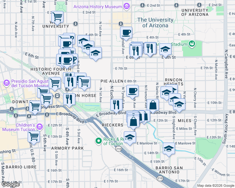 map of restaurants, bars, coffee shops, grocery stores, and more near 121 North Tyndall Avenue in Tucson