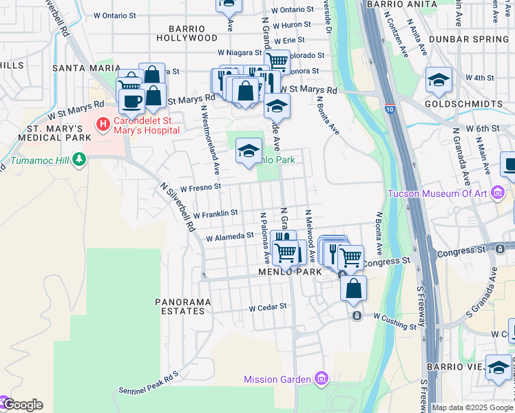 map of restaurants, bars, coffee shops, grocery stores, and more near 136 North Melrose Avenue in Tucson
