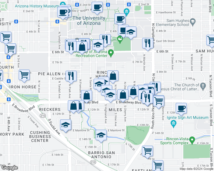 map of restaurants, bars, coffee shops, grocery stores, and more near 148 North Highland Avenue in Tucson