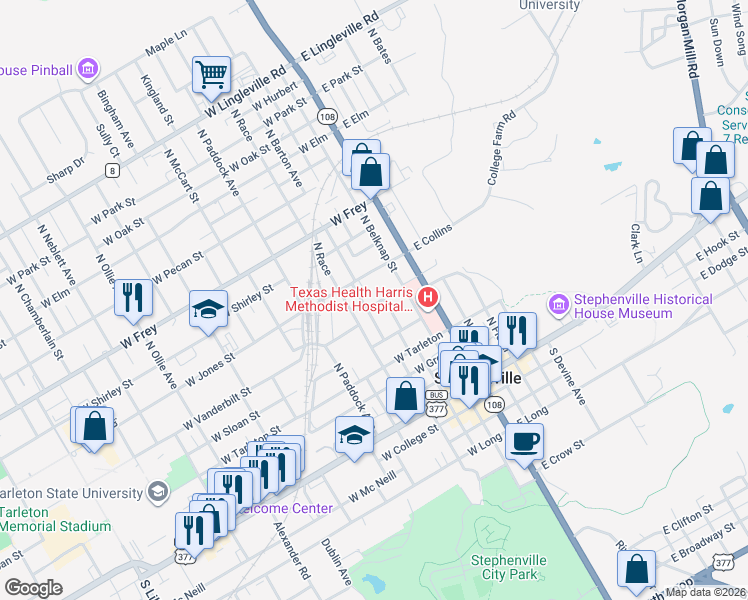 map of restaurants, bars, coffee shops, grocery stores, and more near 570 North Columbia in Stephenville