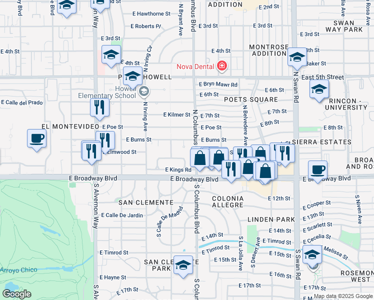 map of restaurants, bars, coffee shops, grocery stores, and more near 37 North Columbus Boulevard in Tucson