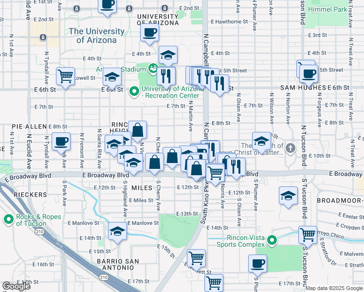 map of restaurants, bars, coffee shops, grocery stores, and more near 124 North Warren Avenue in Tucson