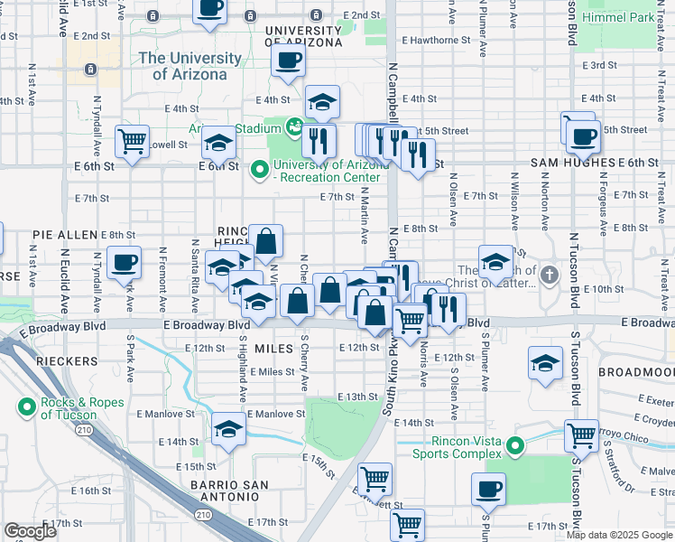 map of restaurants, bars, coffee shops, grocery stores, and more near 124 North Warren Avenue in Tucson