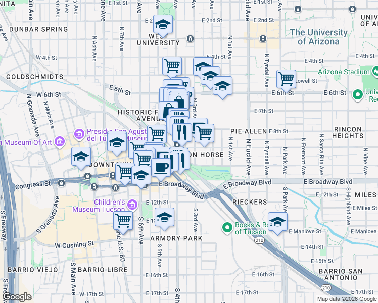 map of restaurants, bars, coffee shops, grocery stores, and more near 428 East 9th Street in Tucson