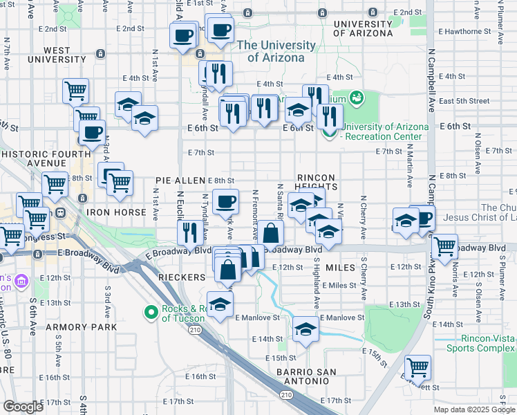 map of restaurants, bars, coffee shops, grocery stores, and more near 1100 East 9th Street in Tucson