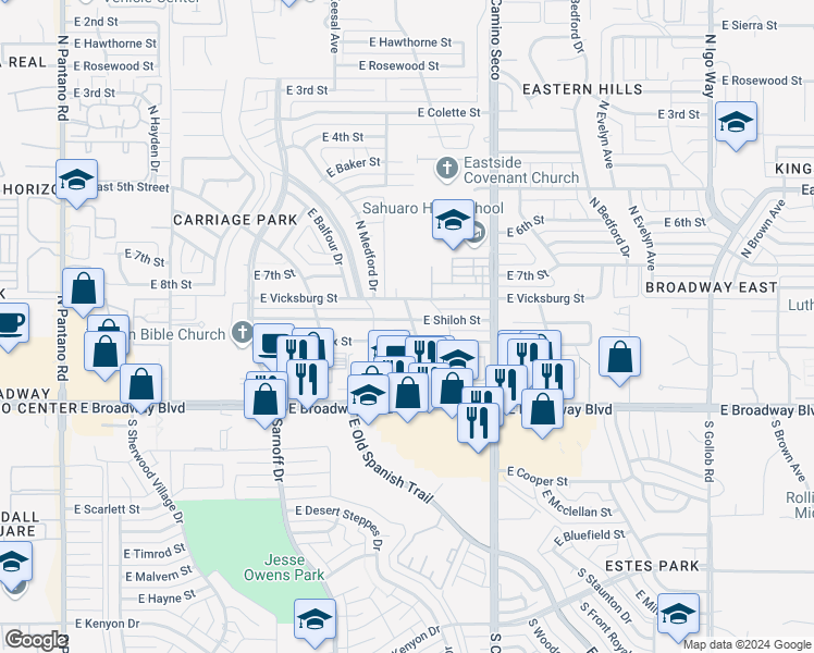 map of restaurants, bars, coffee shops, grocery stores, and more near 8530 East Shiloh Street in Tucson