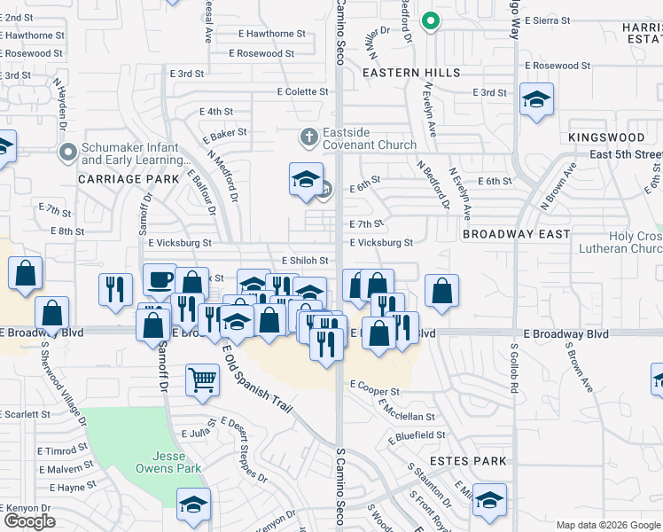 map of restaurants, bars, coffee shops, grocery stores, and more near 8701 East Appomattox Street in Tucson