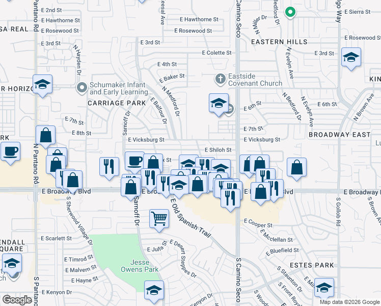 map of restaurants, bars, coffee shops, grocery stores, and more near 8502 East Appomattox Street in Tucson