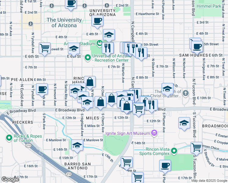 map of restaurants, bars, coffee shops, grocery stores, and more near 124 North Warren Avenue in Tucson