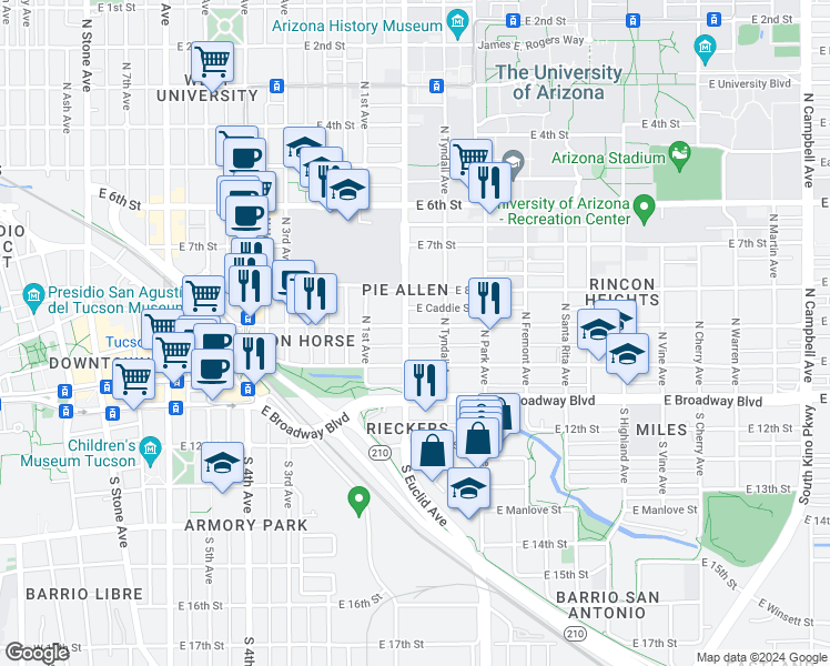 map of restaurants, bars, coffee shops, grocery stores, and more near 128 North Euclid Avenue in Tucson