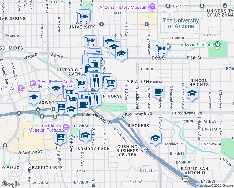 map of restaurants, bars, coffee shops, grocery stores, and more near 116 North 2nd Avenue in Tucson