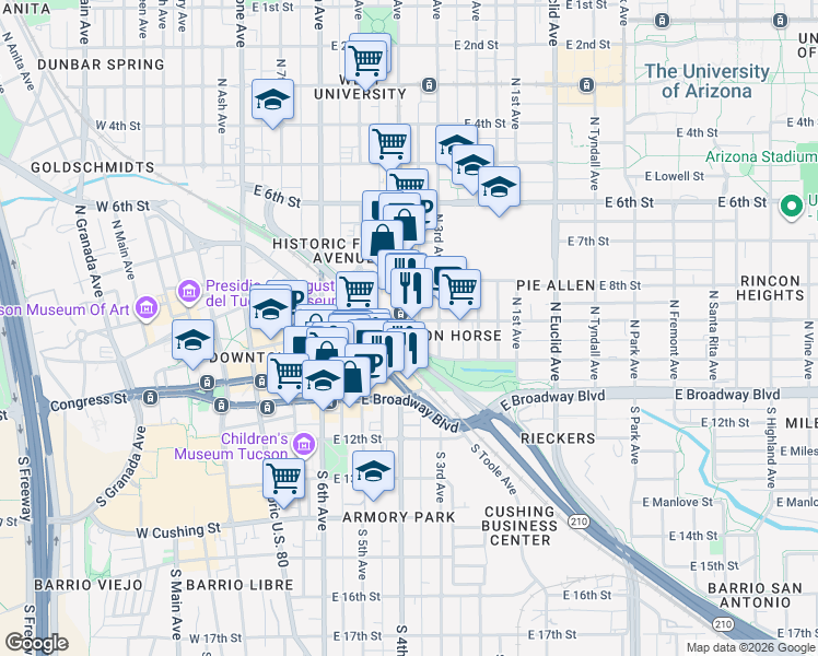 map of restaurants, bars, coffee shops, grocery stores, and more near 125 North Hoff Avenue in Tucson