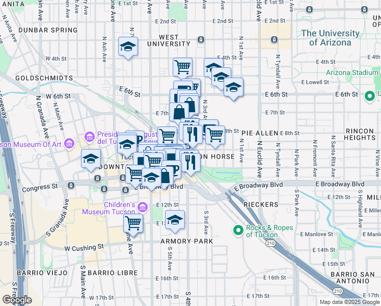 map of restaurants, bars, coffee shops, grocery stores, and more near 125 North Hoff Avenue in Tucson