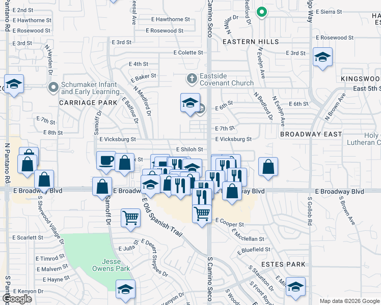 map of restaurants, bars, coffee shops, grocery stores, and more near 8632 East Appomattox Street in Tucson