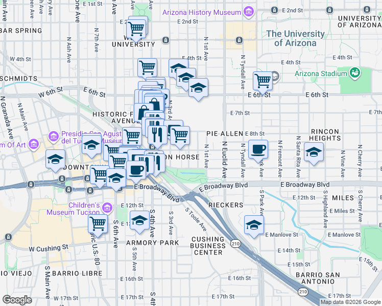 map of restaurants, bars, coffee shops, grocery stores, and more near 116 North 2nd Avenue in Tucson