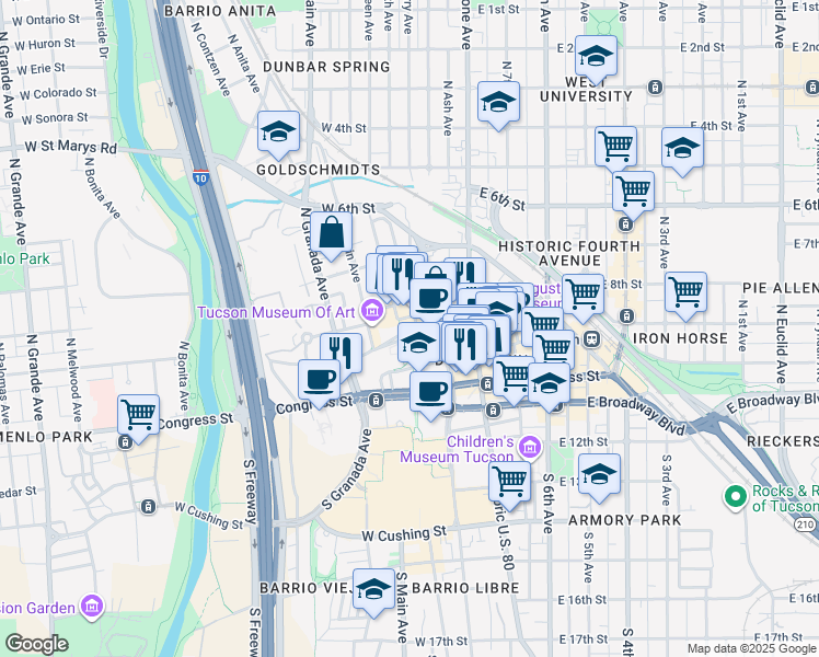 map of restaurants, bars, coffee shops, grocery stores, and more near 166 West Alameda Street in Tucson