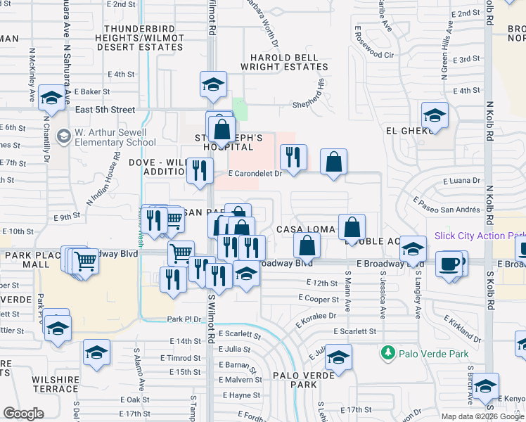 map of restaurants, bars, coffee shops, grocery stores, and more near 101 North Avenida De San Ramon in Tucson