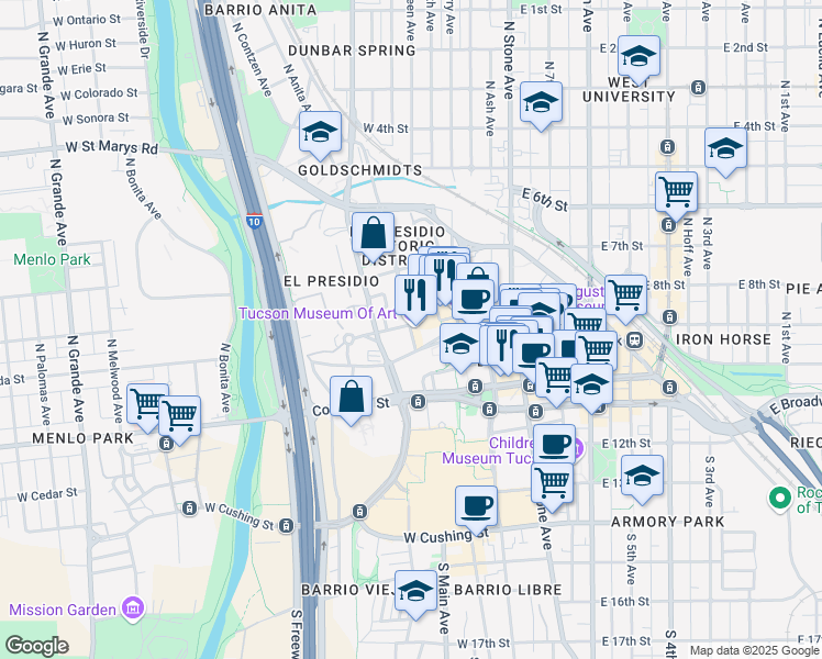 map of restaurants, bars, coffee shops, grocery stores, and more near 145 North Main Avenue in Tucson