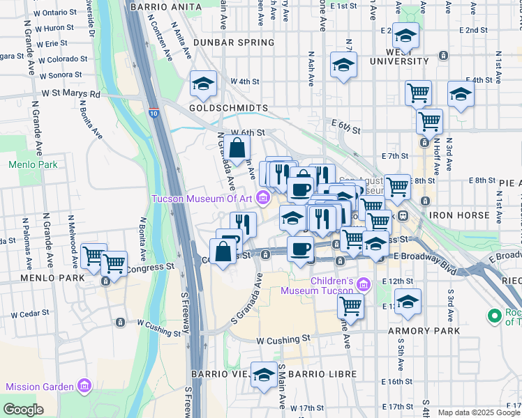 map of restaurants, bars, coffee shops, grocery stores, and more near 145 North Main Avenue in Tucson